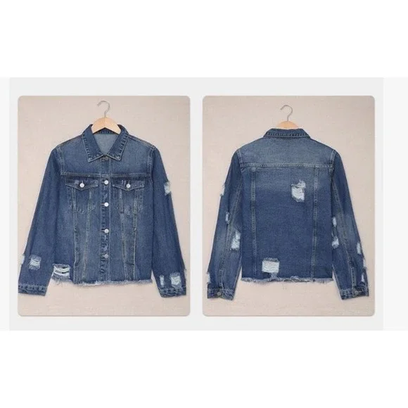 NWOT EVALESS Women's XL  Distressed Washed Crop Denim Jean Jacket Coat VERY NICE - Picture 5 of 6